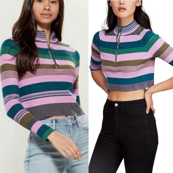 NWT Free People Rip Tide Mock Neck Jumper Teal Purple Size Medium Ribbed Boho M‎ - Picture 1 of 7